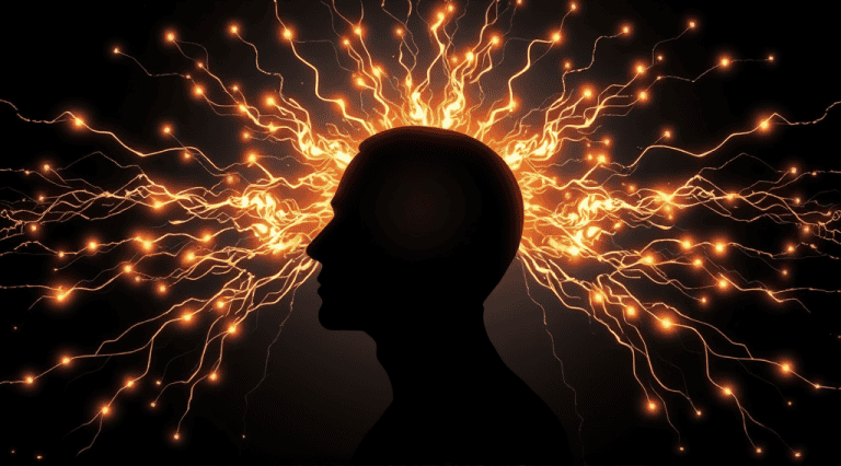 Silhouette of a head with electric sparks representing ideas and mental energy.