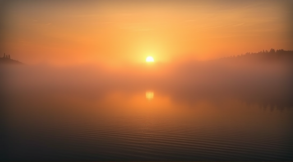Sunset over a misty lake with calm waters and a glowing sunrise in the background.